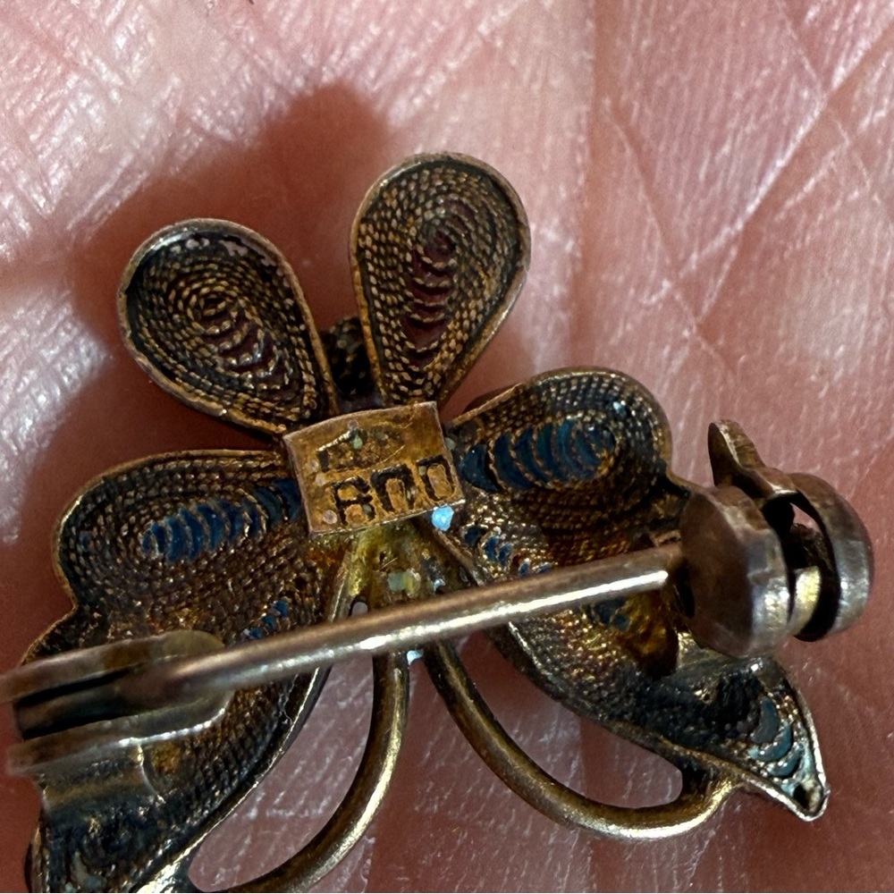 Antique 800 silver deco Filagree blue plique-a-jour Enamel tiny Butterfly brooch - Picture 9 of 17